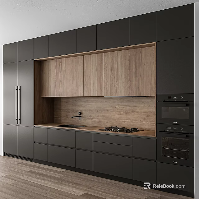 Modern Restaurant Kitchen Featuring Black Cabinets Wooden Backsplash Countertop Sink And Gas Stove 3d model 