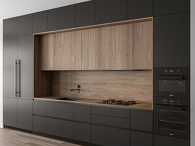 Modern Restaurant Kitchen Featuring Black Cabinets Wooden Backsplash Countertop Sink And Gas Stove 3d model