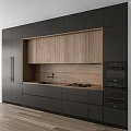 Modern Restaurant Kitchen Featuring Black Cabinets Wooden Backsplash Countertop Sink And Gas Stove