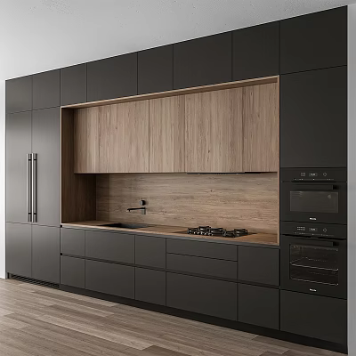 Modern Restaurant Kitchen Featuring Black Cabinets Wooden Backsplash Countertop Sink And Gas Stove 3d model