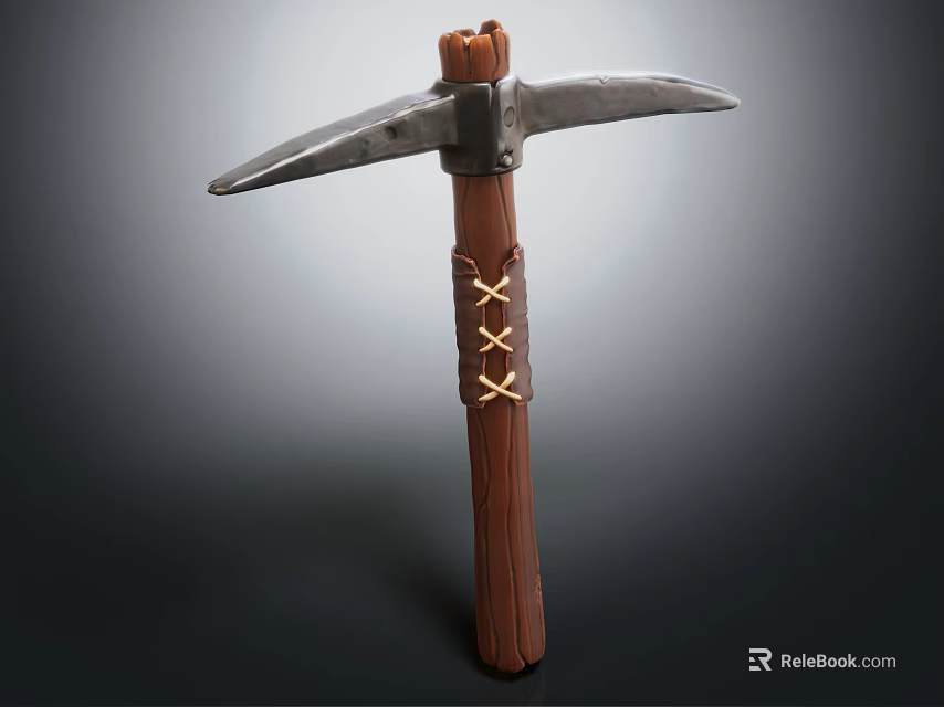 Durable Metal Head Wooden Handle Pickaxe Essential Hardware Tool With Decorative Straps 3d model 