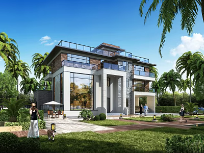 Modern Style Detached Villa With Large Windows Palm Trees And Green Lawn 3d model