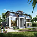 Modern Style Detached Villa With Large Windows Palm Trees And Green Lawn