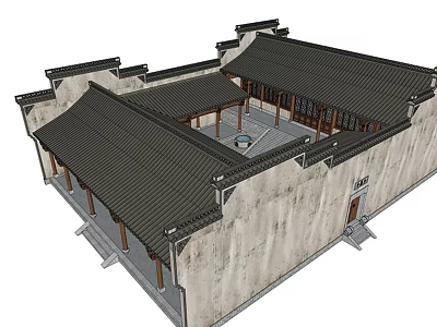 Traditional Ancient Chinese Courtyard Architecture With Grey Walls Black Tiled Roofs And Wooden Columns 3d model