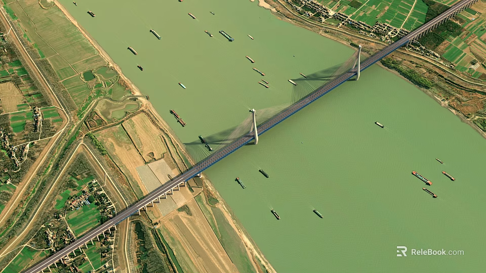 Aerial View Of Cable Stayed Bridge Spanning River With Boats And Farmland Banks 3d model 