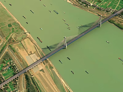 Aerial View Of Cable Stayed Bridge Spanning River With Boats And Farmland Banks 3d model
