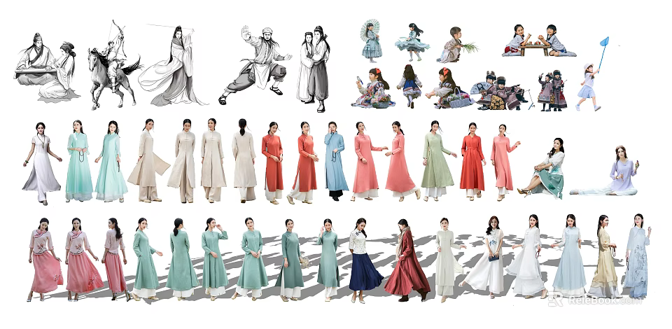 Group Of People In Traditional Clothing With Various Styles Colors And Poses 3d model 