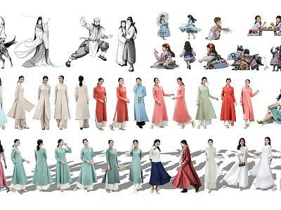 Group Of People In Traditional Clothing With Various Styles Colors And Poses 3d model