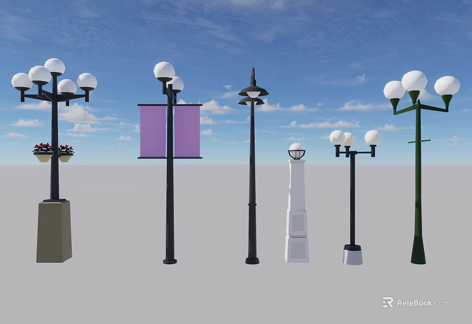 Multiple Outdoor Street Lights In Different Styles With Globular Heads And Black White Green Poles 3d model 
