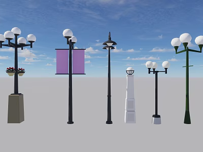 Multiple Outdoor Street Lights In Different Styles With Globular Heads And Black White Green Poles 3d model