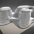 Modern Commercial Complex Architecture With Striped Facade And Connected Cylindrical Structures 3d model