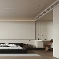 Modern Minimalist Bedroom Interior Design With Neutral Accent Wall Platform Bed And Area Rug
