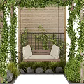 Garden Pergola Covered With Green Vines And Wooden Swing Chair Near Brick Wall