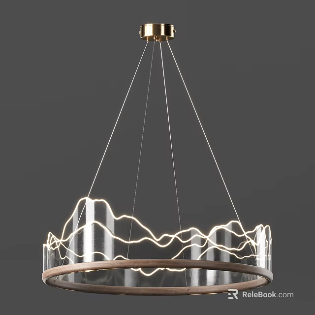 Modern Illuminated Pendant Light With Transparent Glass Wavy Lines And Metal Frame Design 3d model 