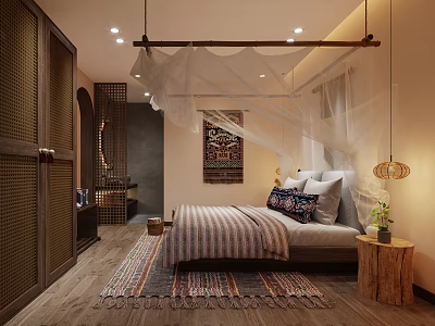 Hotel Guest Room With Warm Lighting Bamboo Door White Canopy Striped Blanket And Colorful Pillows 3d model