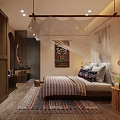 Hotel Guest Room With Warm Lighting Bamboo Door White Canopy Striped Blanket And Colorful Pillows