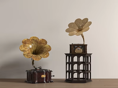 Retro Style High Quality Headphones Audio System With Gold Horn Design And Wooden Base Stand 3d model