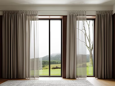 Linen Double Layer Sheer And Thick Curtains For Floor To Ceiling Windows With Mountain View 3d model