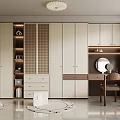 Modern Light Toned Wardrobe with Storage Cabinets Drawers and Dressing Table Mirror in Interior 3d model