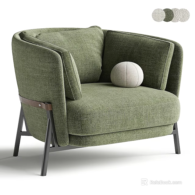 Modern Green Upholstered Armchair With Round Pillow And Metal Legs Design 3d model 
