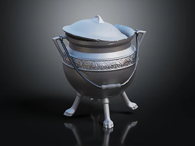 Vintage Silver Cooking Pot With Lid Handles Claw Feet And Decorative Patterns 3d model