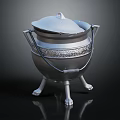 Vintage Silver Cooking Pot With Lid Handles Claw Feet And Decorative Patterns