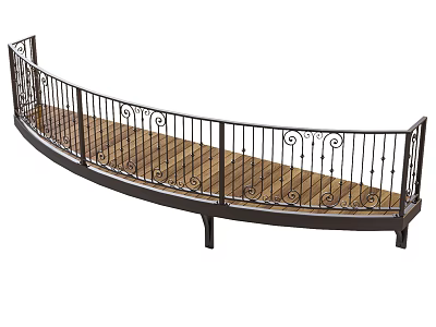 Curved Metal Railing With Ornate Scroll Designs And Wooden Deck Surface 3d model