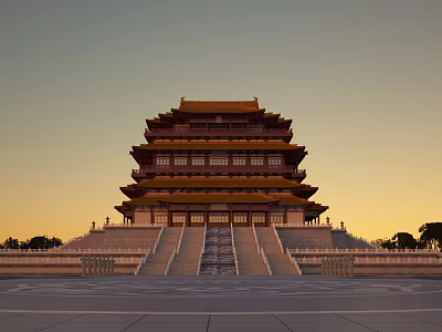 Ancient Chinese Architecture With Multi Layered Structure Yellow Glazed Roof Stone Steps And Sunset Backdrop 3d model