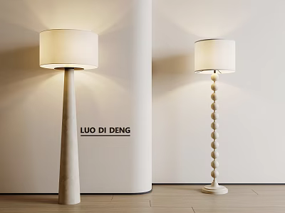 Modern Floor Lamps with Conical and Beaded Posts White Fabric Shades Light Wall Wooden Floor 3d model