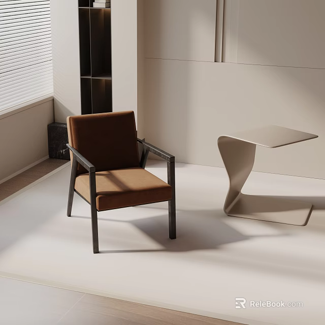 Modern Brown Leisure Chair With Metal Frame And Curved Side Table In Bright Room 3d model 
