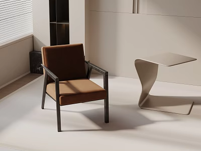 Modern Brown Leisure Chair With Metal Frame And Curved Side Table In Bright Room 3d model
