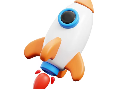 Cartoon 3D Space Rocket Featuring White Body Orange Boosters Blue Details And Flames 3d model
