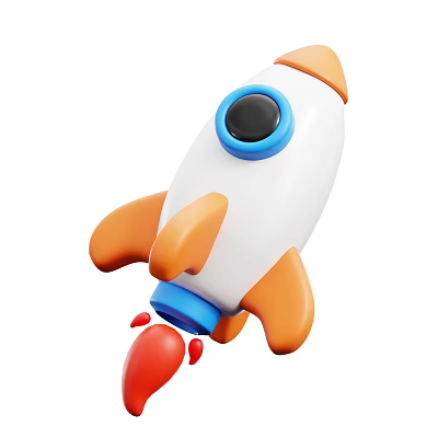 Cartoon 3D Space Rocket Featuring White Body Orange Boosters Blue Details And Flames 3d model
