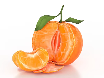 Fresh Peeled Tangerine With Juicy Flesh Segments And Green Leaves On White Background 3d model