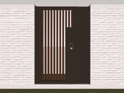 Dark Brown Front Door With Vertical Stripes Lock And Mail Slot On White Brick Wall 3d model