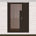 Dark Brown Front Door With Vertical Stripes Lock And Mail Slot On White Brick Wall