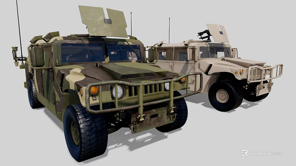 Military Vehicles In Camouflage And Beige With Off Road Design And Roof Equipment 3d model 
