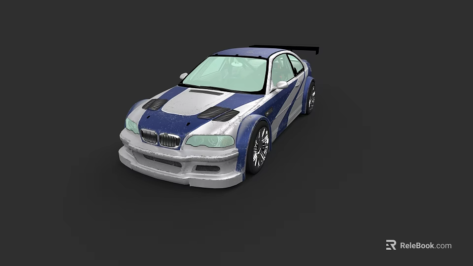 White And Blue Race Inspired Sporty Car With Rear Spoiler Front Bumper And Hood Vents 3d model 