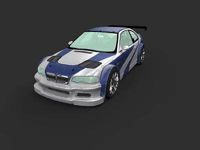 White And Blue Race Inspired Sporty Car With Rear Spoiler Front Bumper And Hood Vents 3d model
