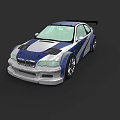 White And Blue Race Inspired Sporty Car With Rear Spoiler Front Bumper And Hood Vents