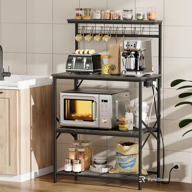 Kitchen Storage Shelf With Microwave Coffee Maker Jars And Bread Bag In Tiled Kitchen 3d model 
