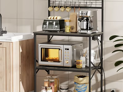 Kitchen Storage Shelf With Microwave Coffee Maker Jars And Bread Bag In Tiled Kitchen 3d model