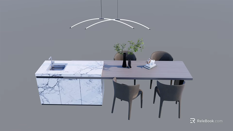 Modern Dining Table Set With Marble Countertop Gray Chairs And Pendant Light 3d model