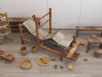 Traditional Handmade Garden Ornaments With Bamboo Wooden Structures And Woven Baskets 3d model