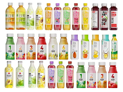 Assorted Bottled Beverages Including Fruit Juices And Tea With Colorful Labels And Various Flavors 3d model