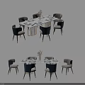 Modern Dining Table Set With Marble Top Six Navy Gray Chairs And Tabletop Decor 3d model