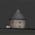 Circular Red Brick Building Model With Dome Roof Cross And Green Grass