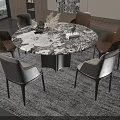 Modern Round Dining Table Set With Marble Top And Six Brown Grey Chairs 3d model