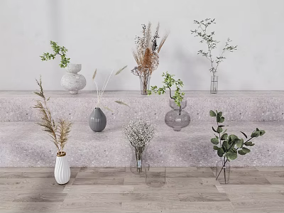 Decorative Vases with Flowers Green Plants Dried Blooms Various Styles on Step Platform Light Background 3d model