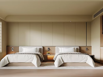 Modern Hotel Guest Room With Twin Beds Beige Panel Walls Nightstands And Recessed Lighting 3d model
